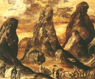   Δομήνικος Θεοτοκόπουλος (1570 περίπου). Άποψη του Όρους και της Μονής Σινά. Τέμπερα και ελαιογραφία σε ξύλο.